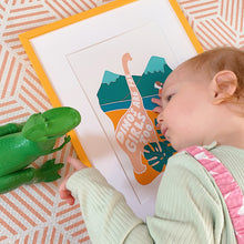 Load image into Gallery viewer, Girl laid with dinosaur toy and &#39;Dino&#39;s are for girls too&#39; print
