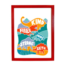 Load image into Gallery viewer, Personalised Children&#39;s Dinosaur name print bright (red/yellow/blue/green)
