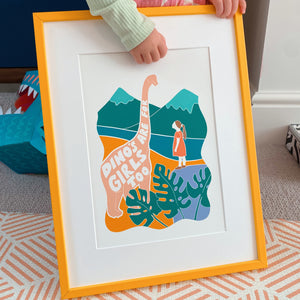 Positive dinosaur print with the wording 'Dino's are for girls too'