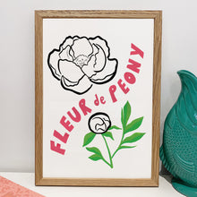 Load image into Gallery viewer, Beautiful &#39;Fleur de Peony&#39; floral print, originally hand painted in gouache in a line drawing style in a bold mix of black, white, pink and green. 
