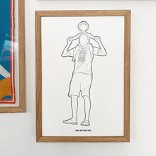 Load image into Gallery viewer, Bespoke, personalised line drawing illustration of Daddy and Son on family holiday for meaningful Father&#39;s Day gift.
