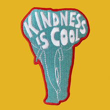 Load image into Gallery viewer, Elephant shaped embroidered kids badge/patch with the words/sloagn &#39;kindness is cool&#39; irons on and then sew into place. 
