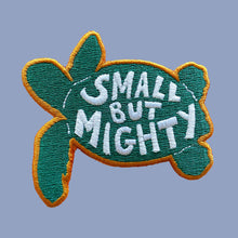 Load image into Gallery viewer, &#39;Small but mighty&#39; kids embroidered badge, green, white and yellow.
