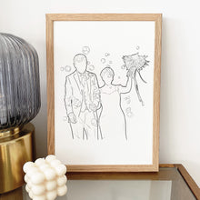 Load image into Gallery viewer, Couple&#39;s line drawing portrait illustration of wedding for special anniversary gift
