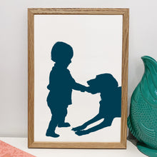 Load image into Gallery viewer, A custom Silhouette portrait illustration of Boy and pet dog. Available in several colours including blue. Based on a family photo and makes a perfect Father&#39;s Day, birthday gift.
