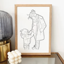 Load image into Gallery viewer, Custom family line drawing portrait illustration of Mummy and Son with child touching the Mother&#39;s pregnant tummy. Perfect for meaningful birthday or Mother&#39;s Day gift
