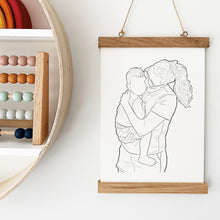 Load image into Gallery viewer, Custom, Personalised line drawing Illustration of Mummy holding baby Son. Drawing based on a meaningful family holiday photo.
